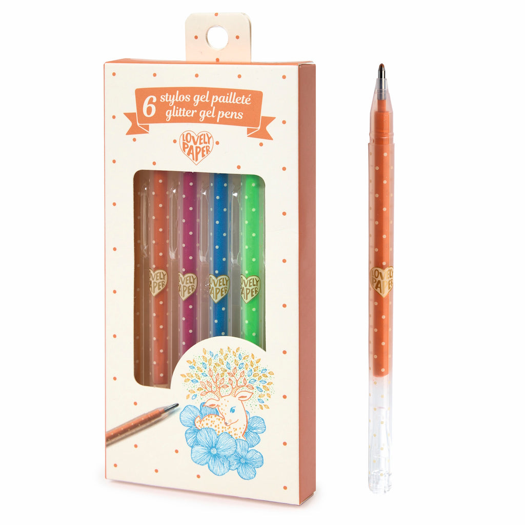 A box of six glitter gel pens in various colors, with one pen displayed beside it. The packaging features a cute deer design with blue flowers, conveying a playful and artistic tone.