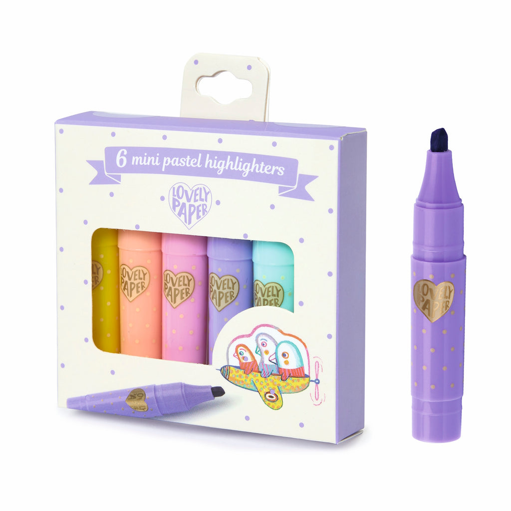 A box of six mini pastel highlighters in assorted colors, labeled "Lovely Paper." A vivid, playful design with purple highlighters displayed outside.