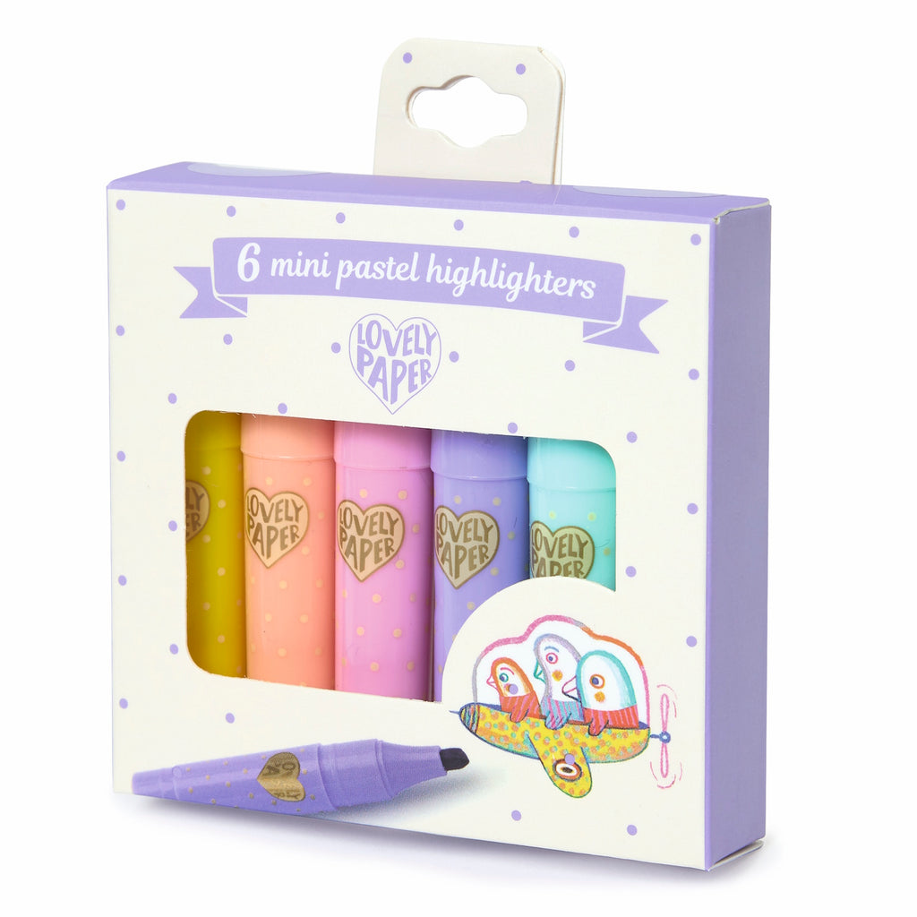 A box of six mini pastel highlighters in assorted colors, labeled "Lovely Paper."