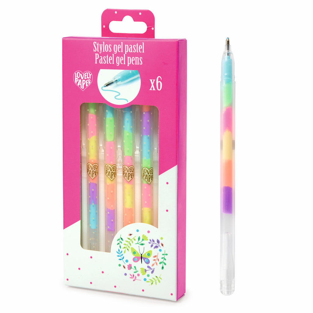Box of six pastel gel pens in pink packaging with a clear window. Pens are multicolored and the box features a floral design and a butterfly motif.