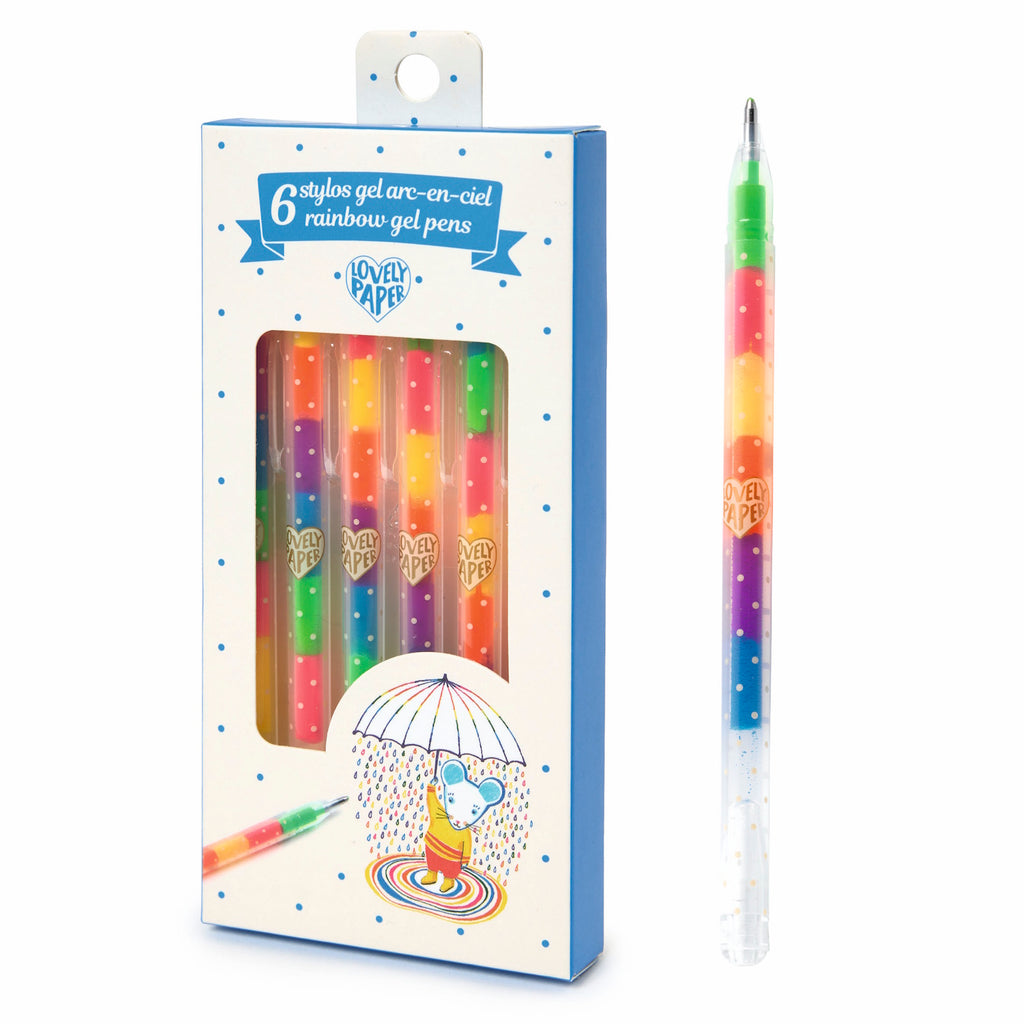 Packaging of six rainbow gel pens in a blue and white box with polka dots. A cute mouse under an umbrella is illustrated on the box.