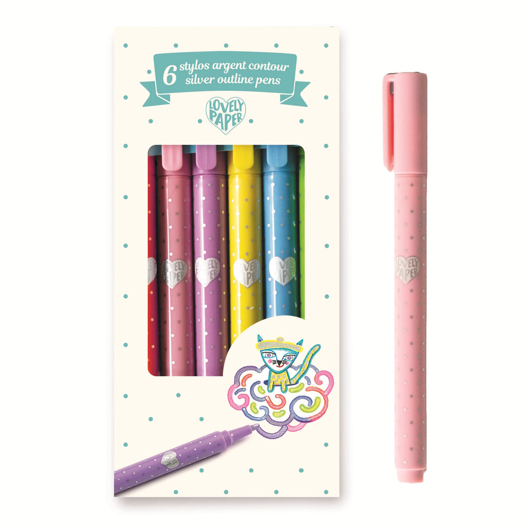 A set of six colorful pens in shades of pink, purple, yellow, and blue with silver outlines displayed in packaging. The box features a whimsical illustrated cat.