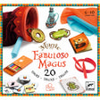 Colorful magic trick set for ages 6-10. Includes props like rings, scarves, and cards. "Fabuloso Magus" text centered. Vibrant, playful design.