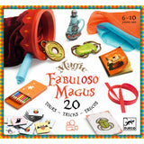 Colorful magic trick set for ages 6-10. Includes props like rings, scarves, and cards. "Fabuloso Magus" text centered. Vibrant, playful design.