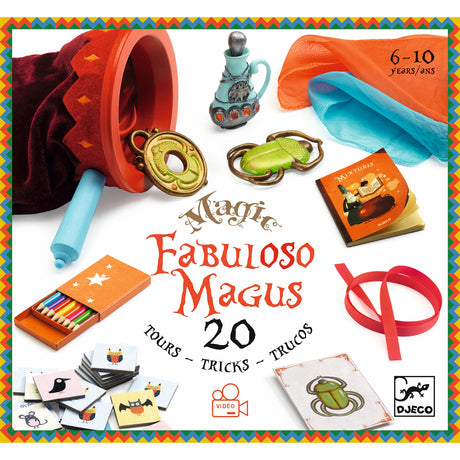 Colorful magic trick set for ages 6-10. Includes props like rings, scarves, and cards. "Fabuloso Magus" text centered. Vibrant, playful design.