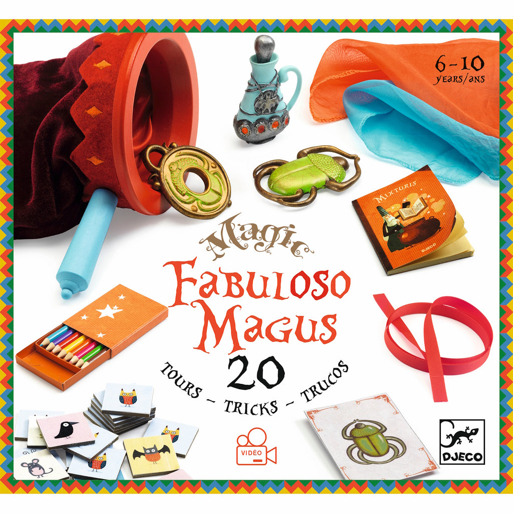 Colorful magic trick set for ages 6-10. Includes props like rings, scarves, and cards. "Fabuloso Magus" text centered. Vibrant, playful design.