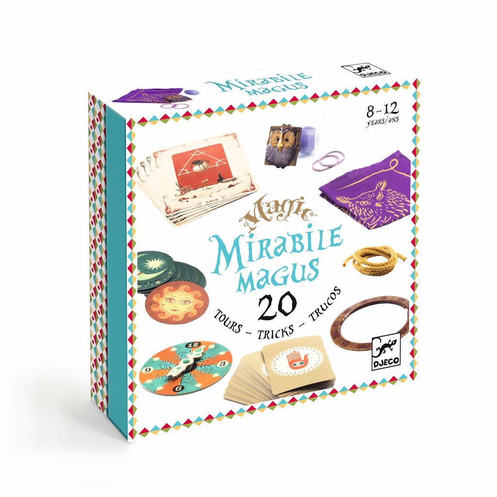 Magic kit box labeled "Mirabile Magus" for ages 8-12, featuring cards, rope, and colorful items for 20 tricks, with a playful, intriguing design.