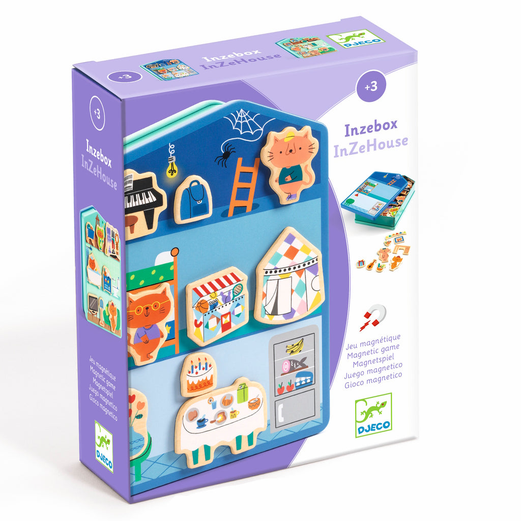Toy packaging for "Inzebox InZeHouse" shows a colorful magnetic playset with playful, wooden house elements and characters for ages 3+.