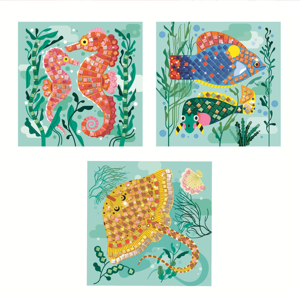 Colorful mosaic illustration featuring a turtle, fish, and sea creatures, designed for kids ages 5-8, by Lucie Brunellière.