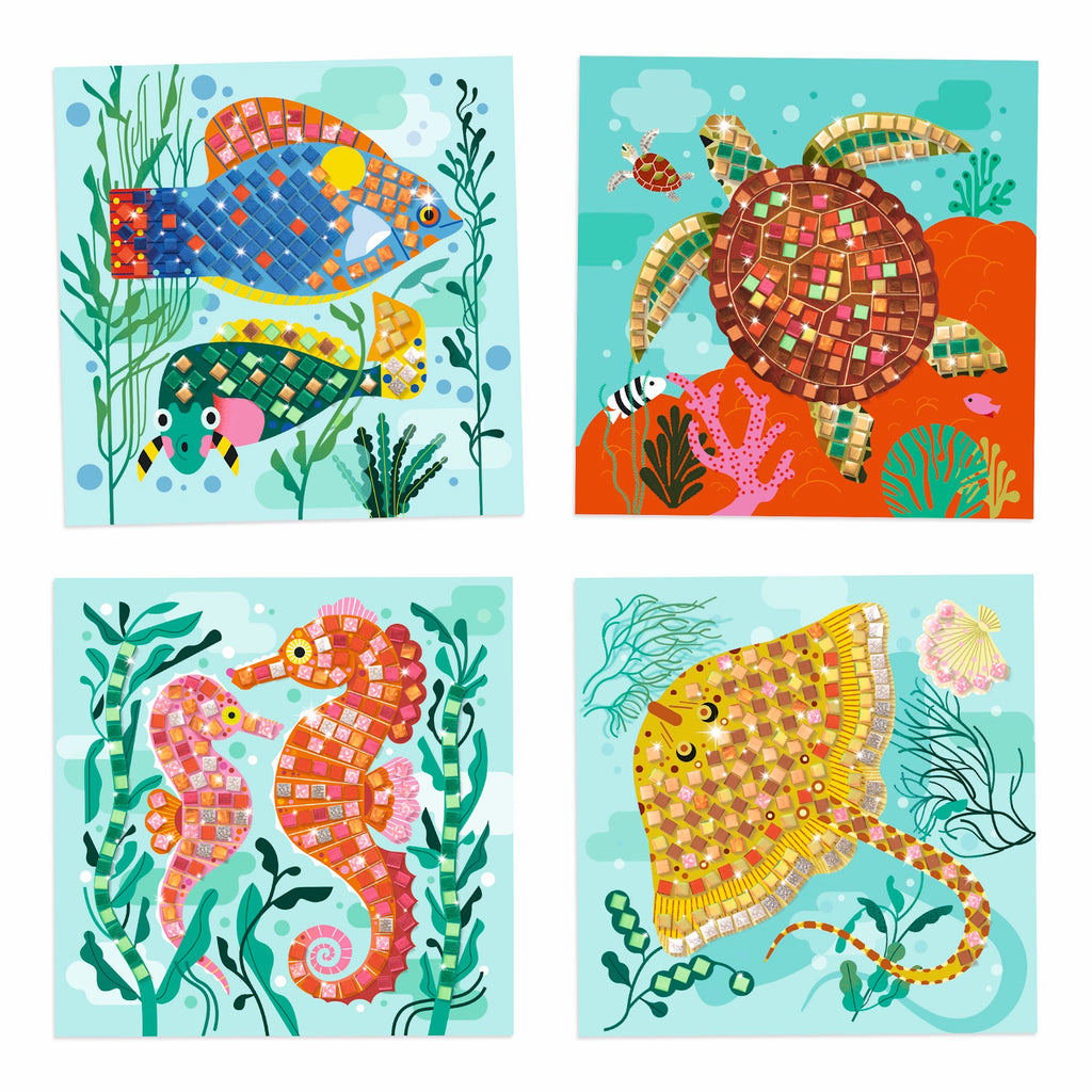 Colorful mosaic illustration featuring a turtle, fish, and sea creatures, designed for kids ages 5-8, by Lucie Brunellière.