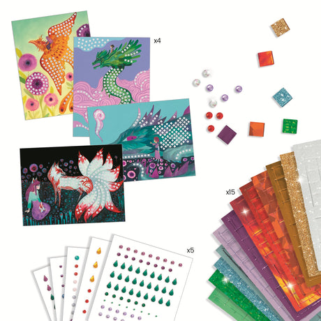 A creative mosaic art kit for kids featuring fantastical creature designs. Includes four illustrated templates and a variety of glittery foam stickers and rhinestones to complete sparkling, number-guided mosaic scenes.