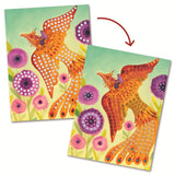 A creative mosaic art kit for kids featuring fantastical creature designs. Includes four illustrated templates and a variety of glittery foam stickers and rhinestones to complete sparkling, number-guided mosaic scenes.