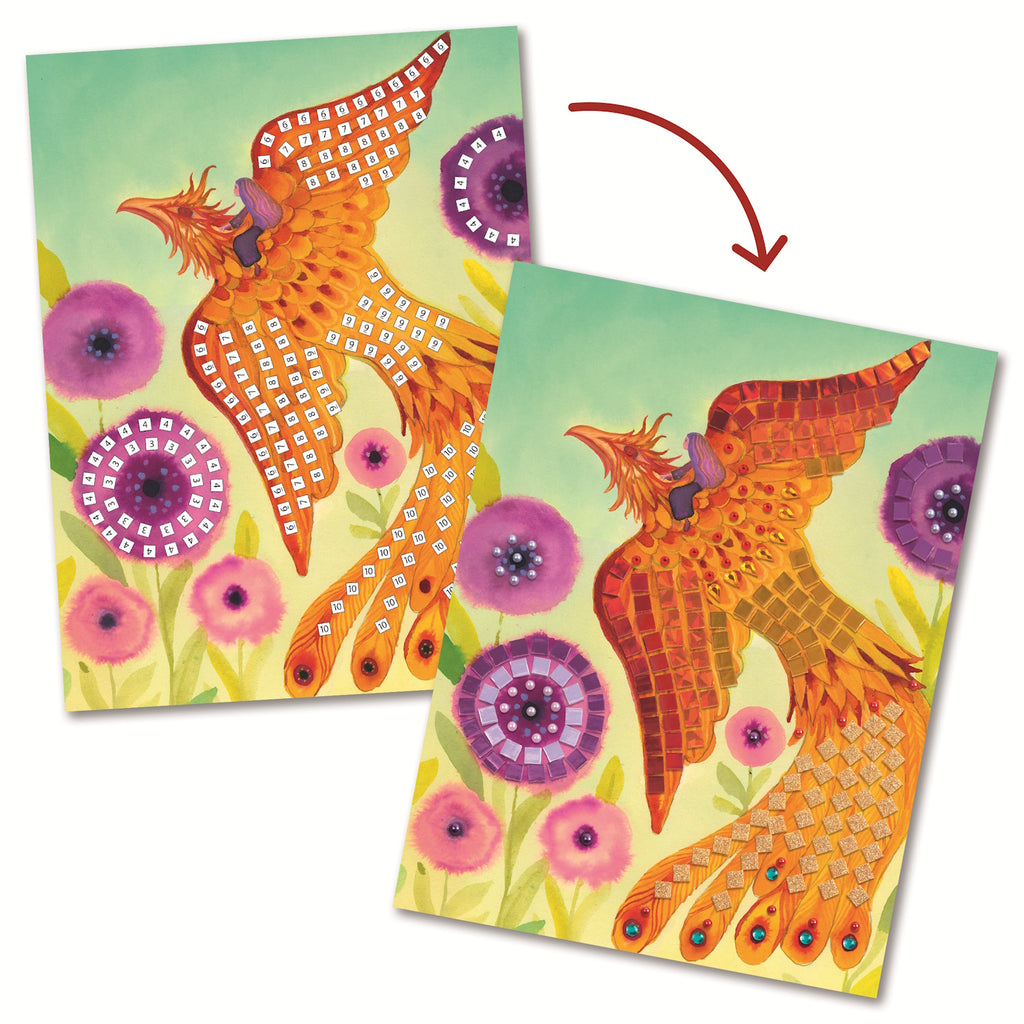 A creative mosaic art kit for kids featuring fantastical creature designs. Includes four illustrated templates and a variety of glittery foam stickers and rhinestones to complete sparkling, number-guided mosaic scenes.