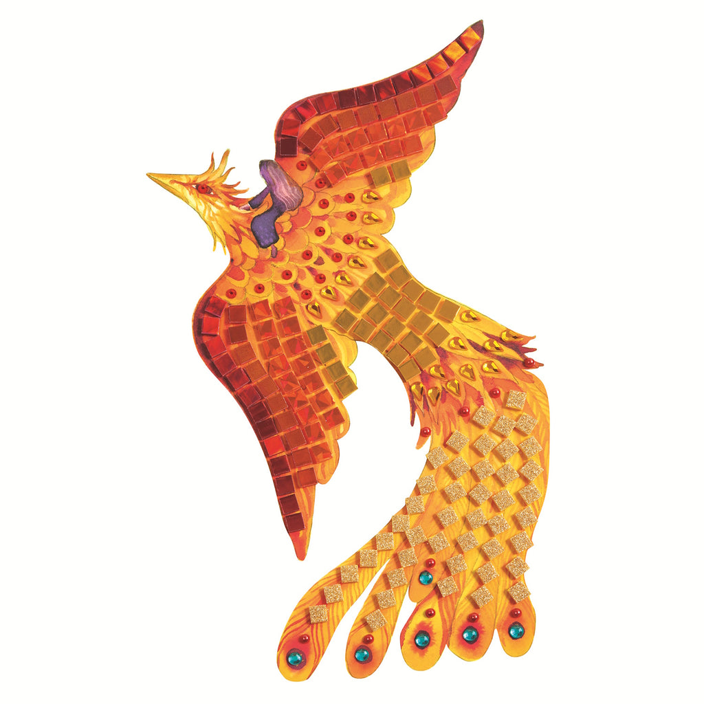 A creative mosaic art kit for kids featuring fantastical creature designs. Includes four illustrated templates and a variety of glittery foam stickers and rhinestones to complete sparkling, number-guided mosaic scenes.