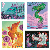 A creative mosaic art kit for kids featuring fantastical creature designs. Includes four illustrated templates and a variety of glittery foam stickers and rhinestones to complete sparkling, number-guided mosaic scenes.