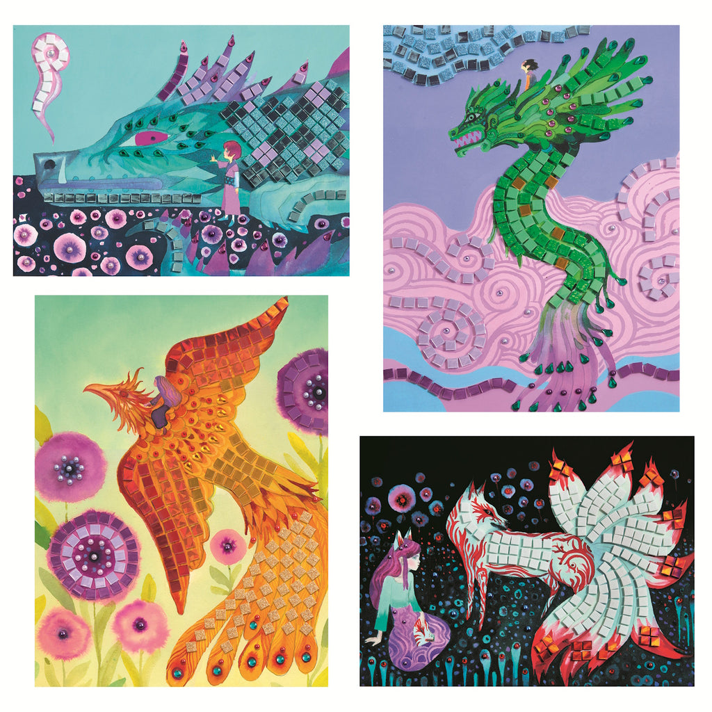 A creative mosaic art kit for kids featuring fantastical creature designs. Includes four illustrated templates and a variety of glittery foam stickers and rhinestones to complete sparkling, number-guided mosaic scenes.