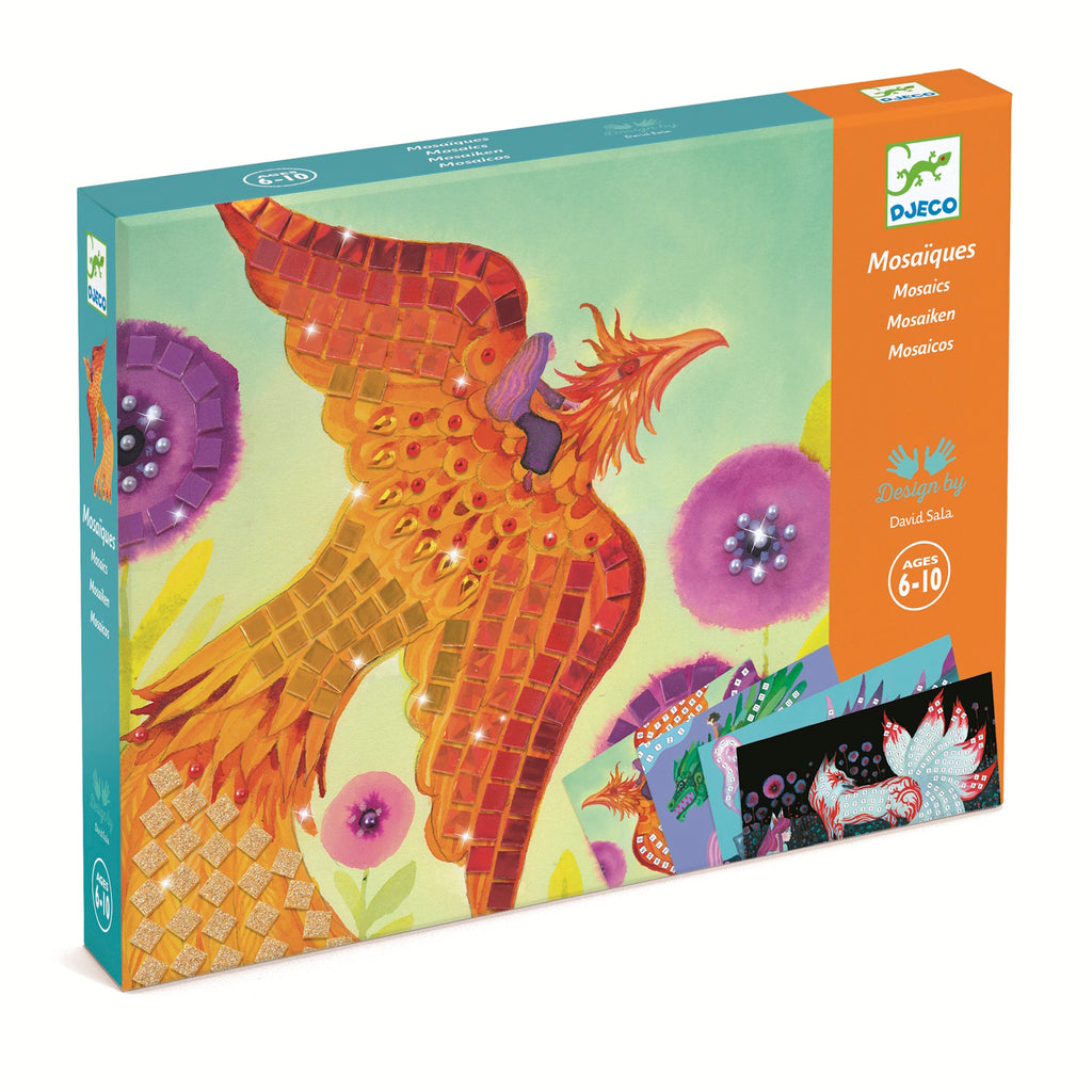 A creative mosaic art kit for kids featuring fantastical creature designs. Includes four illustrated templates and a variety of glittery foam stickers and rhinestones to complete sparkling, number-guided mosaic scenes.