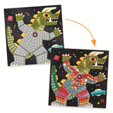 Four colorful illustrations of robots and creatures made of block shapes, set against a starry space backdrop with planets and rockets.