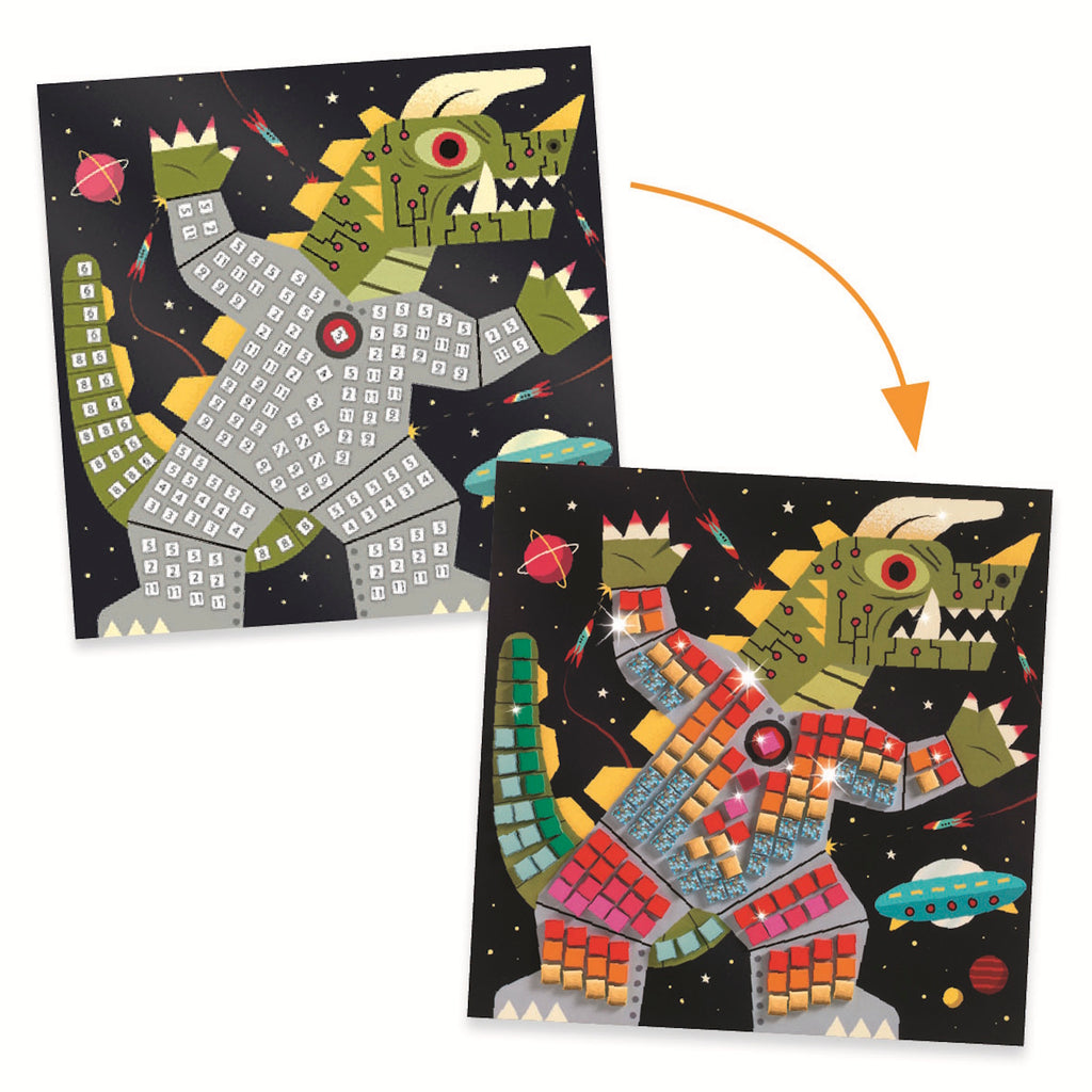 Four colorful illustrations of robots and creatures made of block shapes, set against a starry space backdrop with planets and rockets.