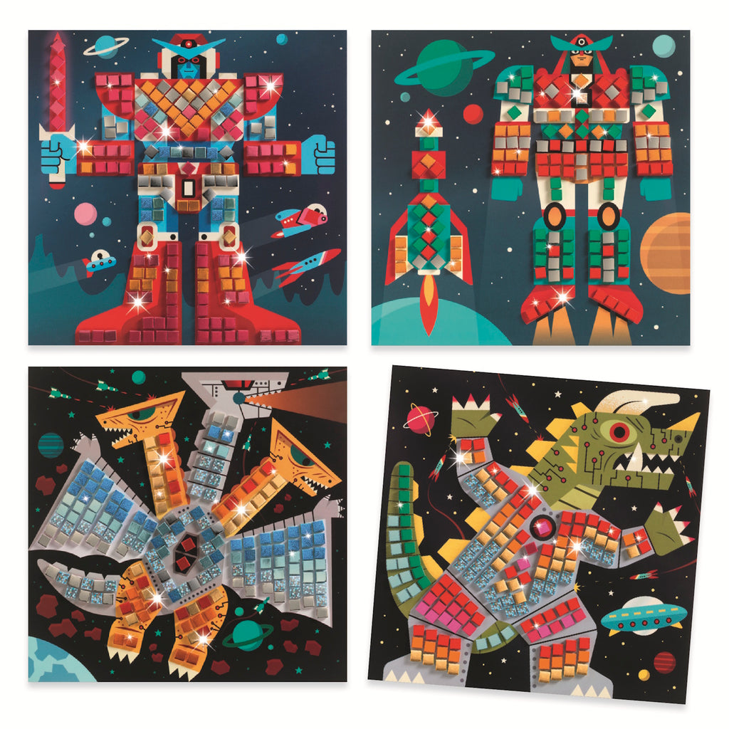 Four colorful illustrations of robots and creatures made of block shapes, set against a starry space backdrop with planets and rockets.