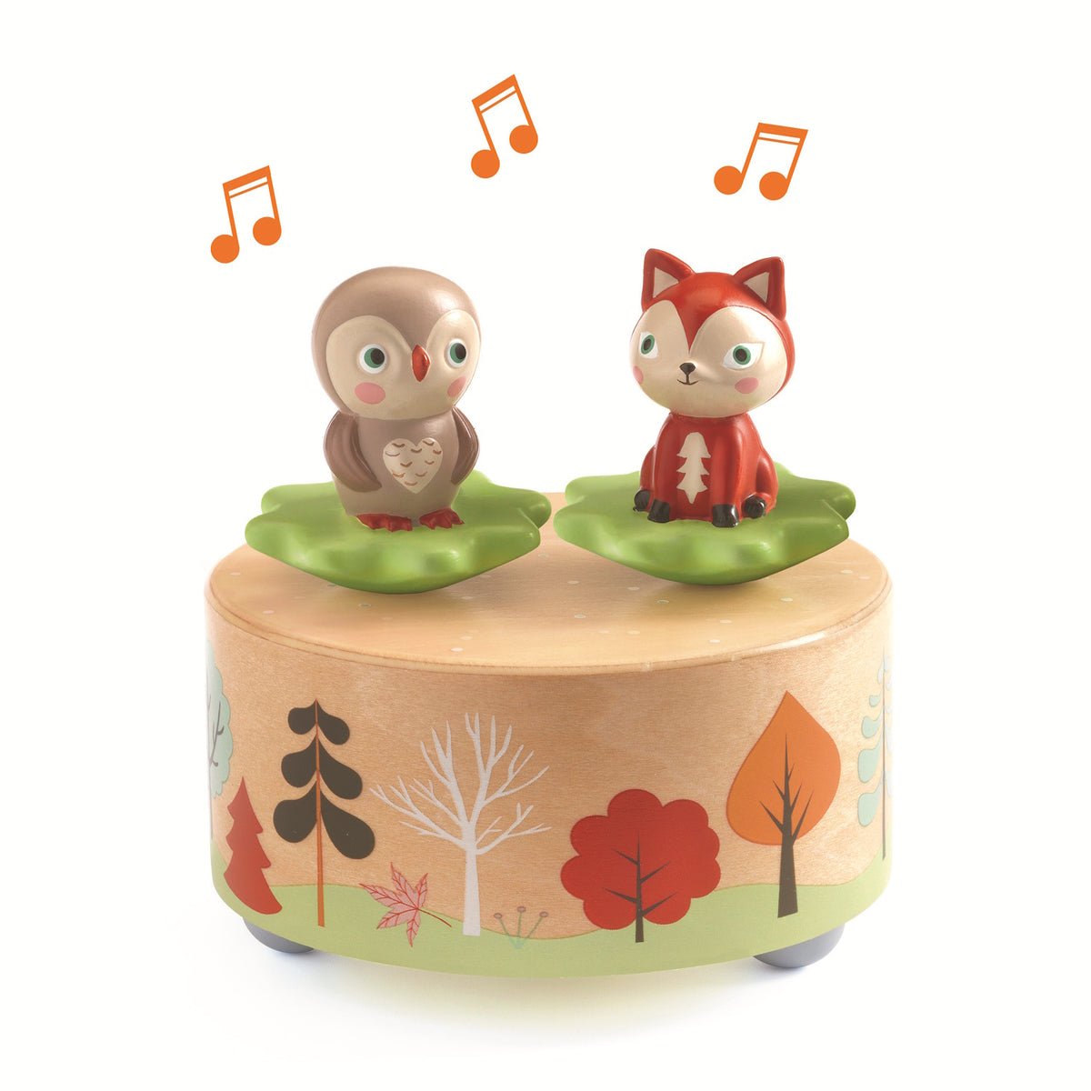 This wooden music box features a whimsical forest scene with removable figurines - a rabbit and a squirrel - that dance and spin on a magnetic top when the box is wound up.
