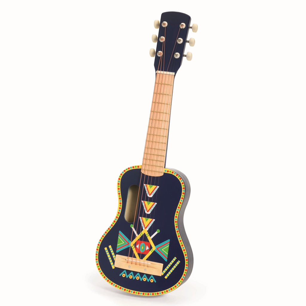Colorful children's guitar from Djeco, featuring a blue body with vibrant geometric patterns and a playful design. Perfect for young musicians!