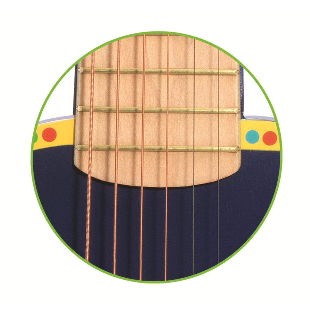 Colorful children's guitar from Djeco, featuring a blue body with vibrant geometric patterns and a playful design. Perfect for young musicians!