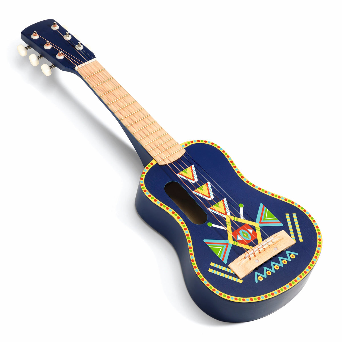Colorful children's guitar from Djeco, featuring a blue body with vibrant geometric patterns and a playful design. Perfect for young musicians!