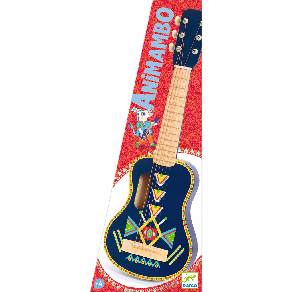 Colorful children's guitar from Djeco, featuring a blue body with vibrant geometric patterns and a playful design. Perfect for young musicians!