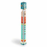 Colorful wooden flute with decorative patterns in red, green, and yellow, resting on a white background.