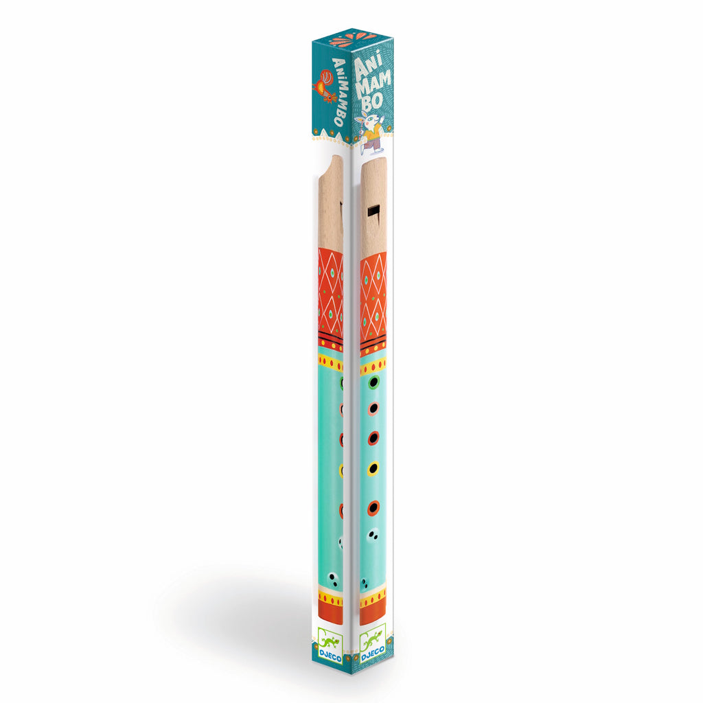 Colorful wooden flute with decorative patterns in red, green, and yellow, resting on a white background.