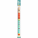 Colorful wooden flute with decorative patterns in red, green, and yellow, resting on a white background.
