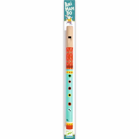 Colorful wooden flute with decorative patterns in red, green, and yellow, resting on a white background.
