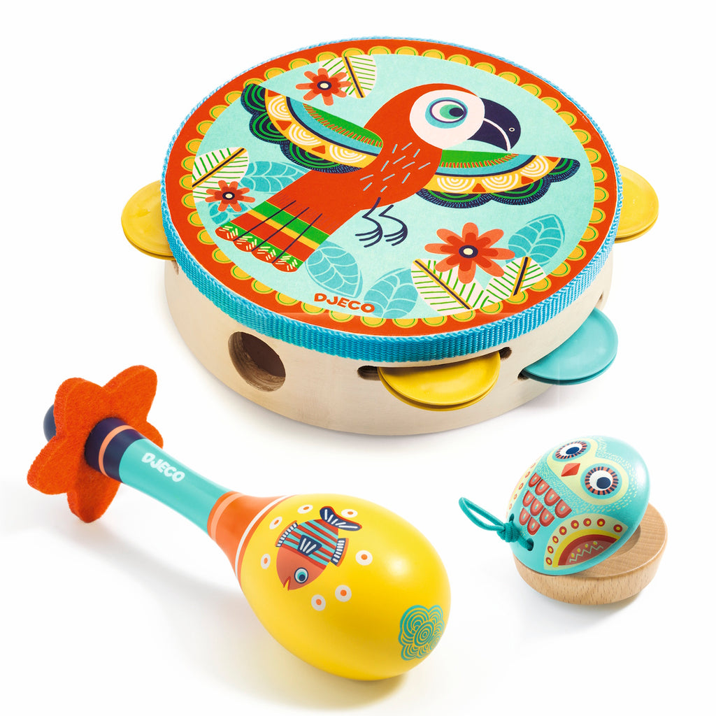 This set features three beautifully decorated instruments: wooden tambourine, an egg-shaped wooden maraca and a crocodile-shaped guiro made of wood.