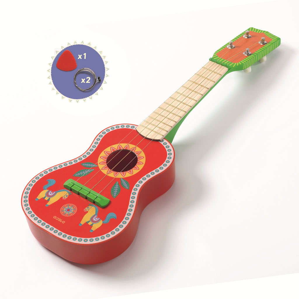 A vibrant red ukulele adorned with colorful horse designs, accompanied by a purple circular tuner featuring guitar picks.