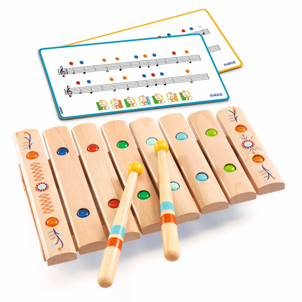 A colorful wooden xylophone with eight keys, accompanied by two mallets featuring yellow rubber heads and patterned handles.