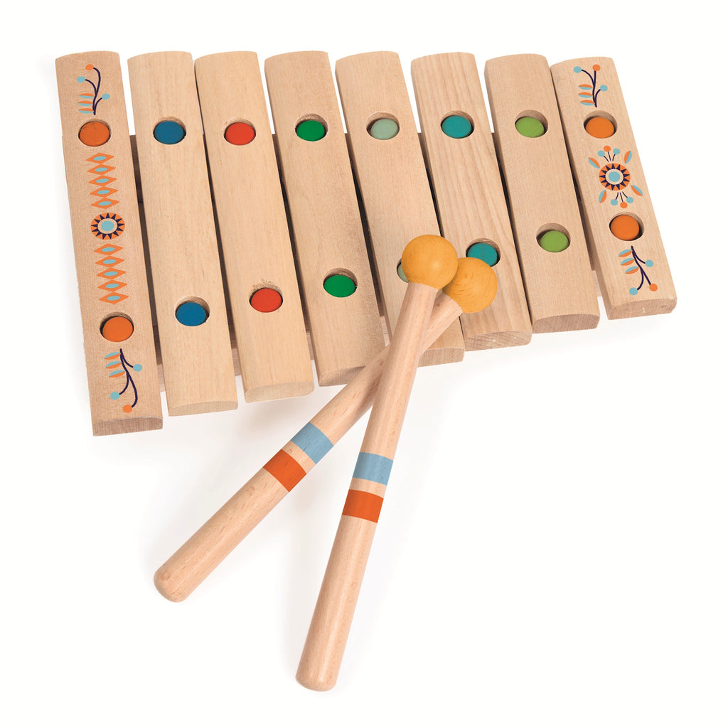 A colorful wooden xylophone with eight keys, accompanied by two mallets featuring yellow rubber heads and patterned handles.