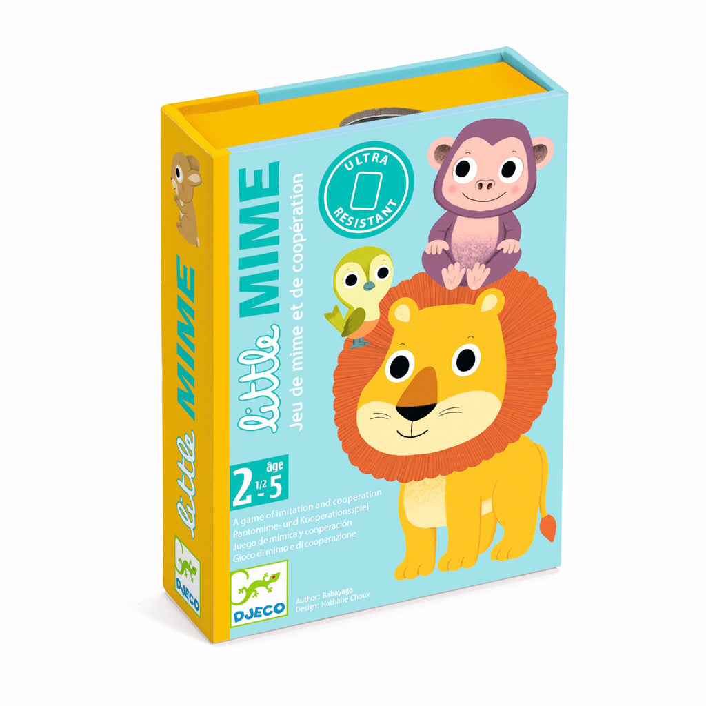 Children's game box with colorful illustrations of a smiling lion, monkey, and owl on a blue background. Text reads "Little Mime," promoting fun and cooperation.