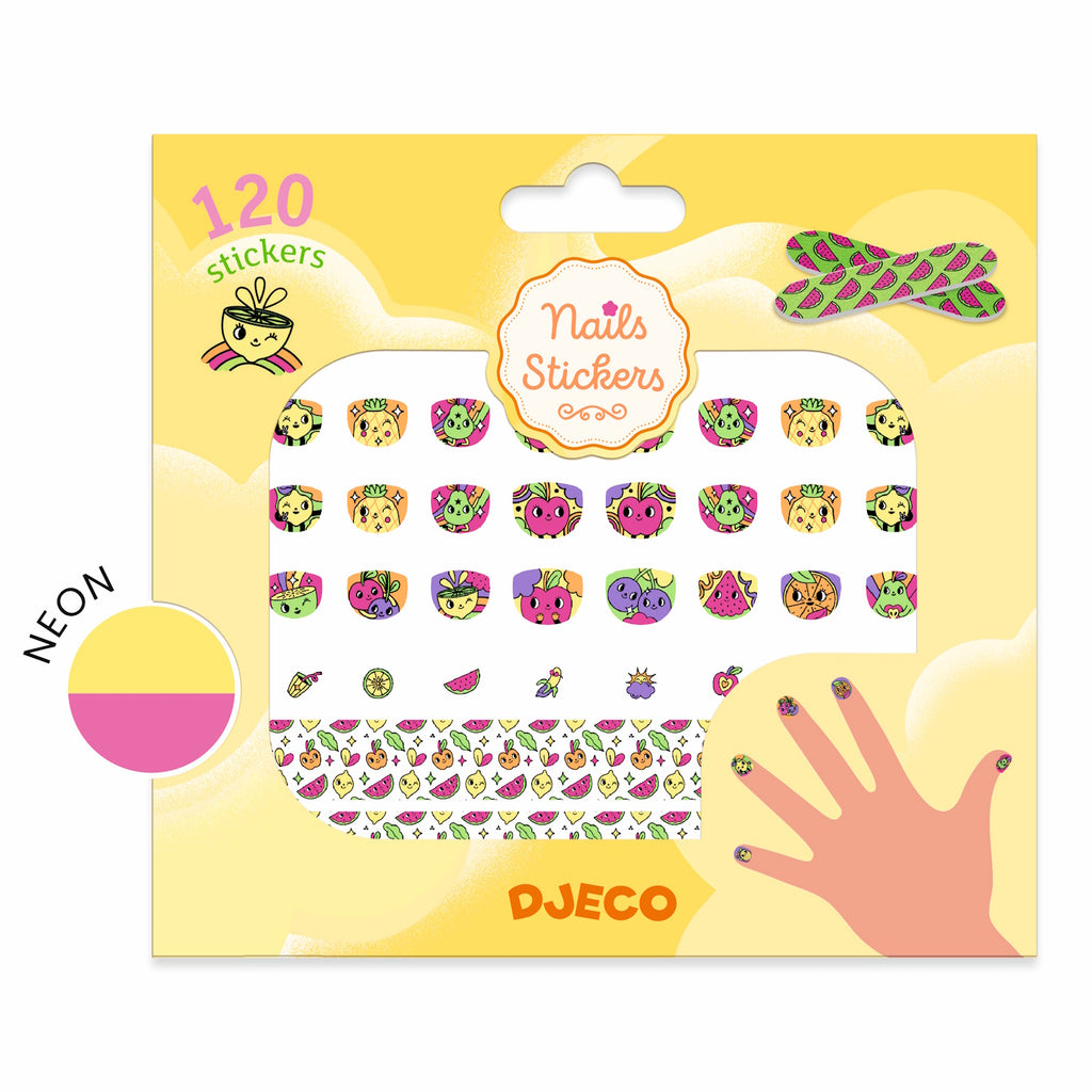 120 stickers featuring various fruit designs, accompanied by two light green nail files adorned with a watermelon print.​