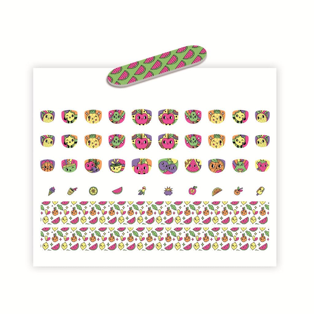 120 stickers featuring various fruit designs, accompanied by two light green nail files adorned with a watermelon print.​
