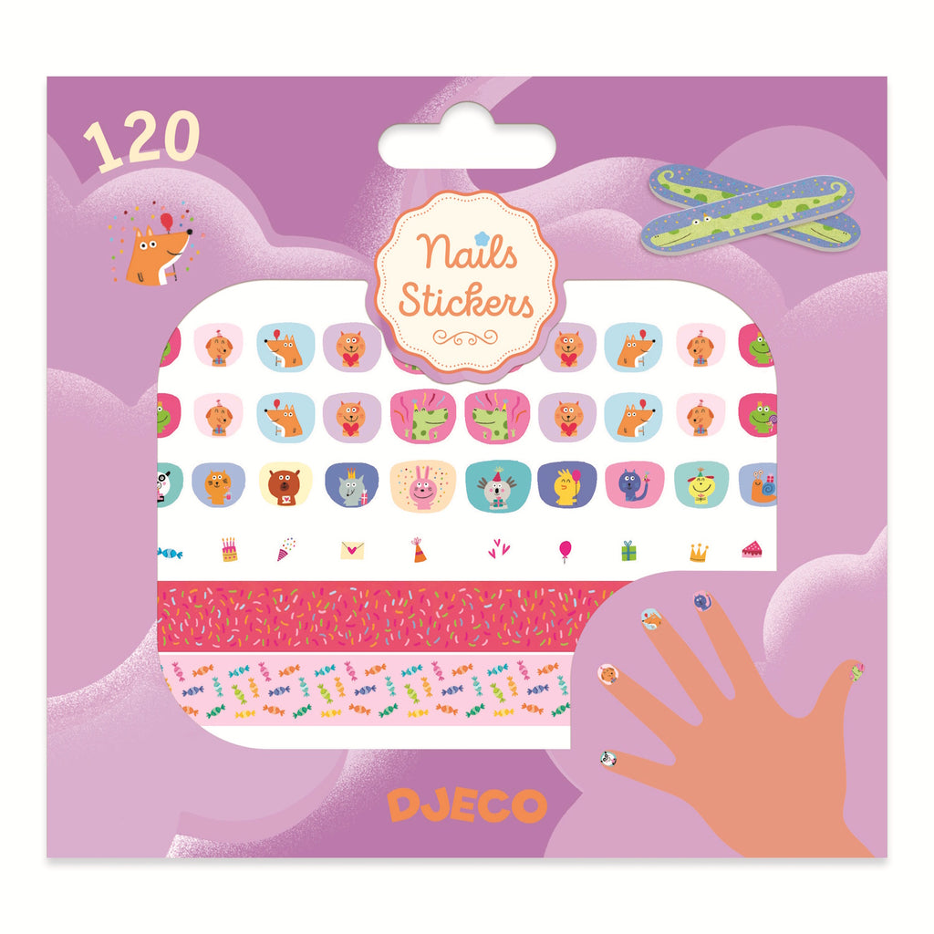 Includes 90 standard-sized stickers, 30 smaller stickers, 6 decorative strips, and two nail files.