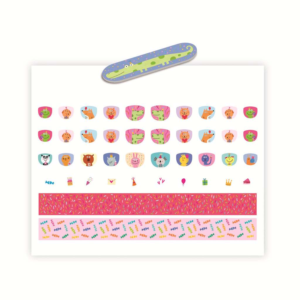 Includes 90 standard-sized stickers, 30 smaller stickers, 6 decorative strips, and two nail files.