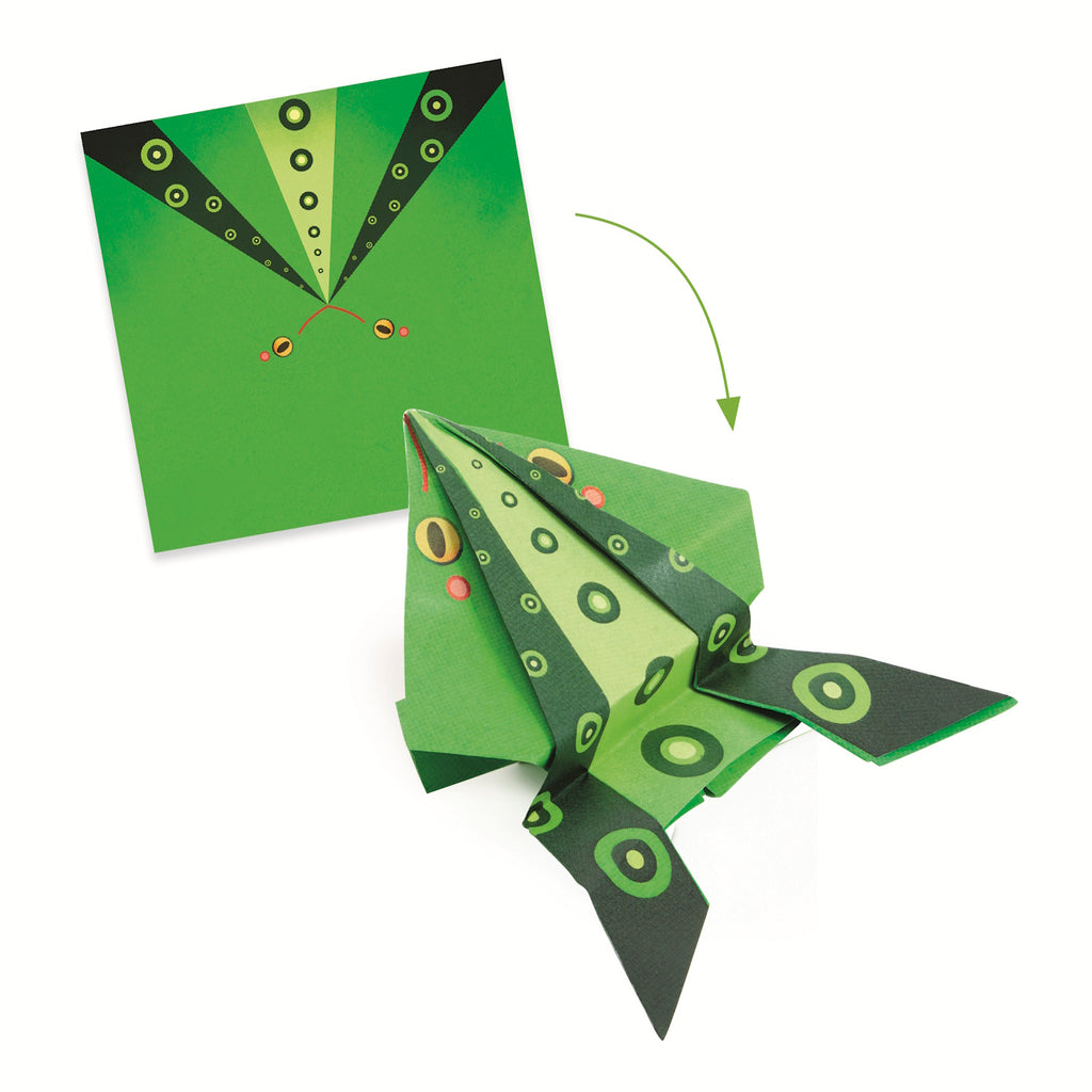 A craft kit featuring colorful paper designs and folded animal shapes like frogs and kangaroos that can hop when pressed.