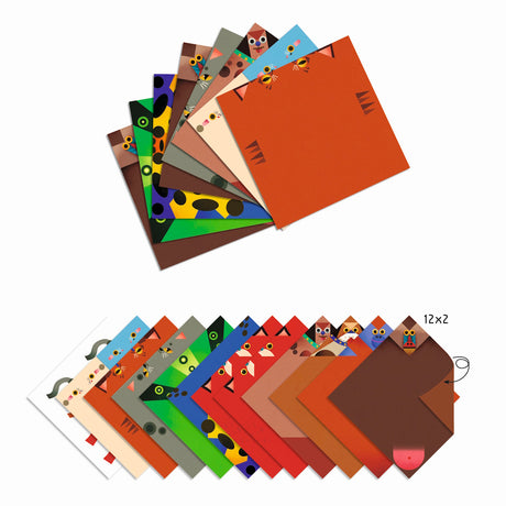 A craft kit featuring colorful paper designs and folded animal shapes like frogs and kangaroos that can hop when pressed.