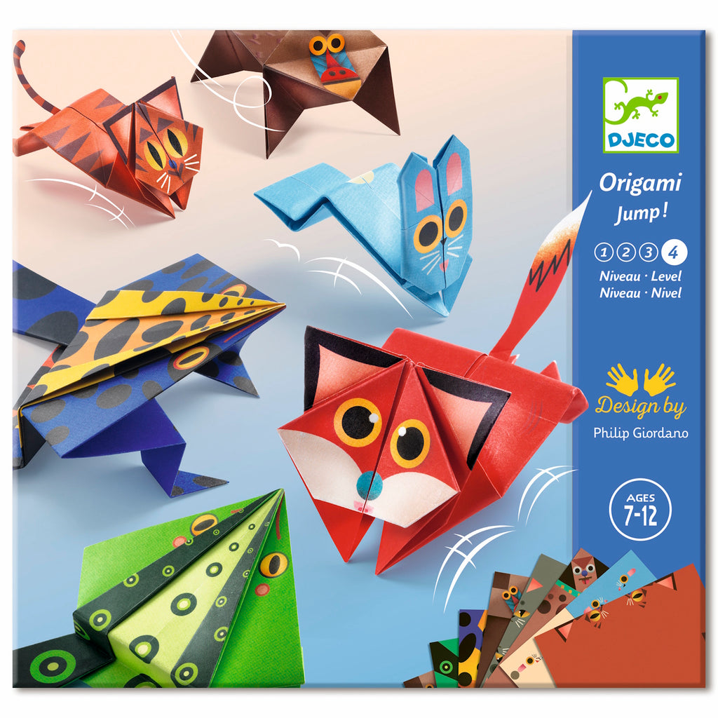A craft kit featuring colorful paper designs and folded animal shapes like frogs and kangaroos that can hop when pressed.