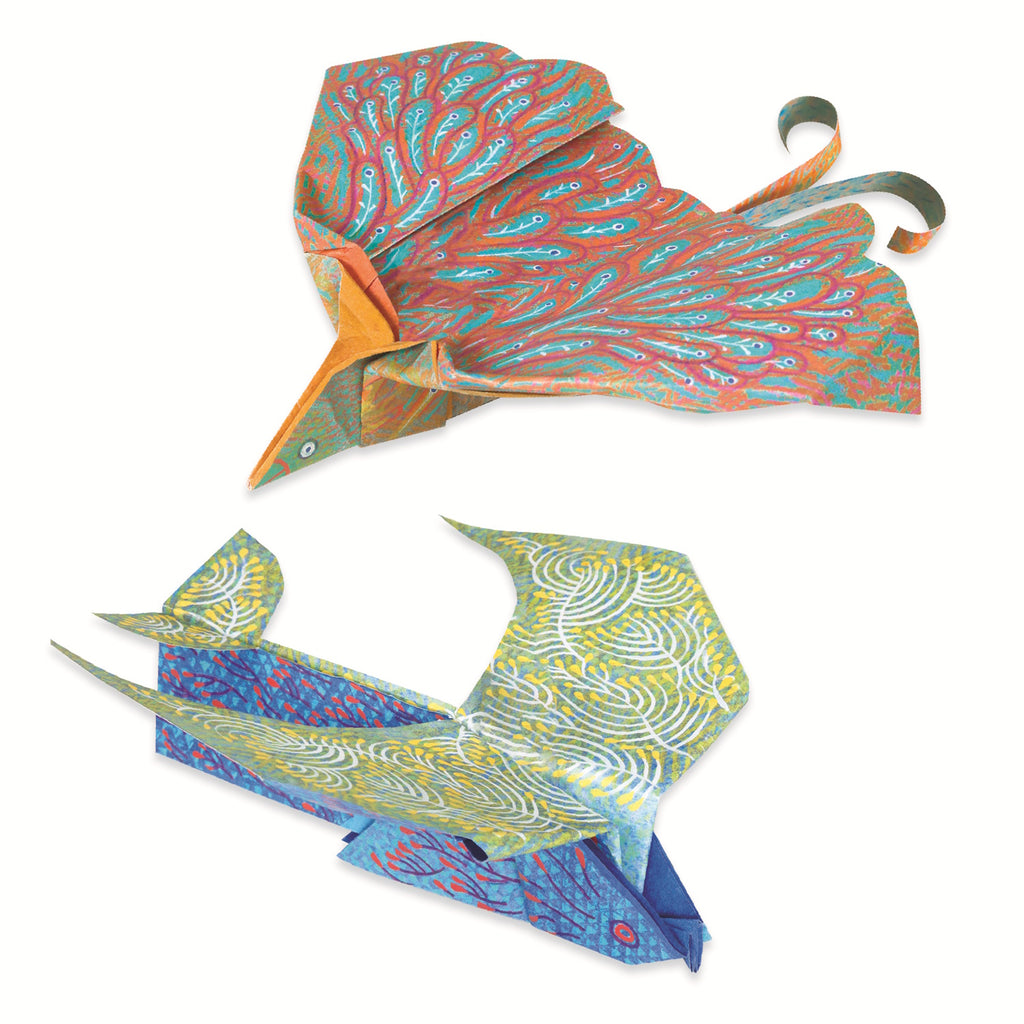 A kit with vibrant, pre-printed paper sheets folded into sleek paper planes designed for speed and flight.