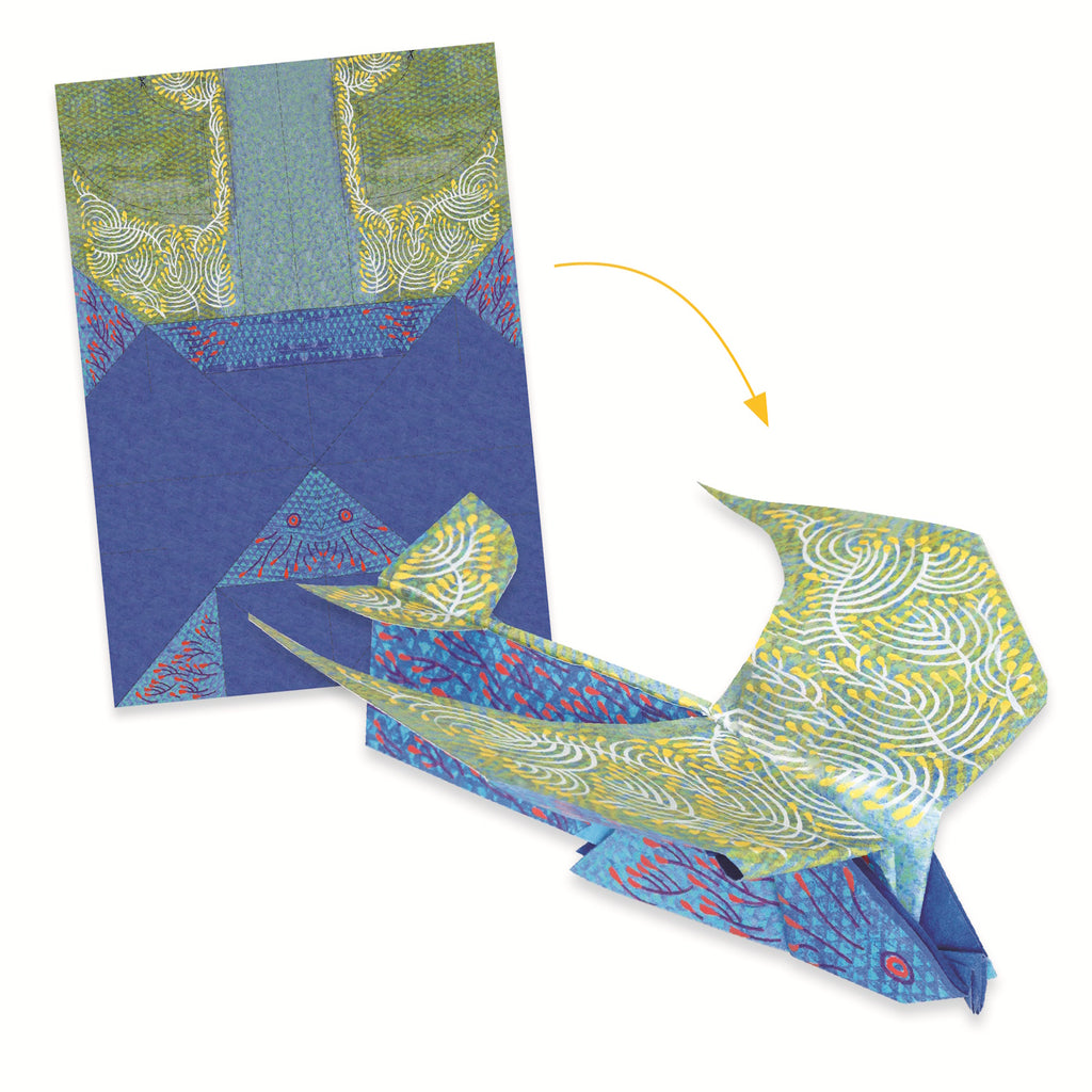 A kit with vibrant, pre-printed paper sheets folded into sleek paper planes designed for speed and flight.