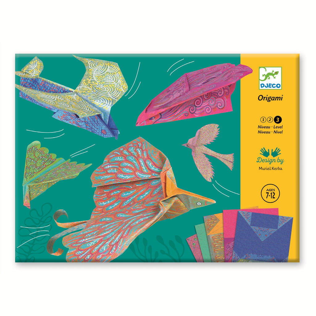 A kit with vibrant, pre-printed paper sheets folded into sleek paper planes designed for speed and flight.