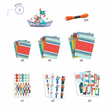 With brightly colored, coated paper boats designed to float on water after folding.