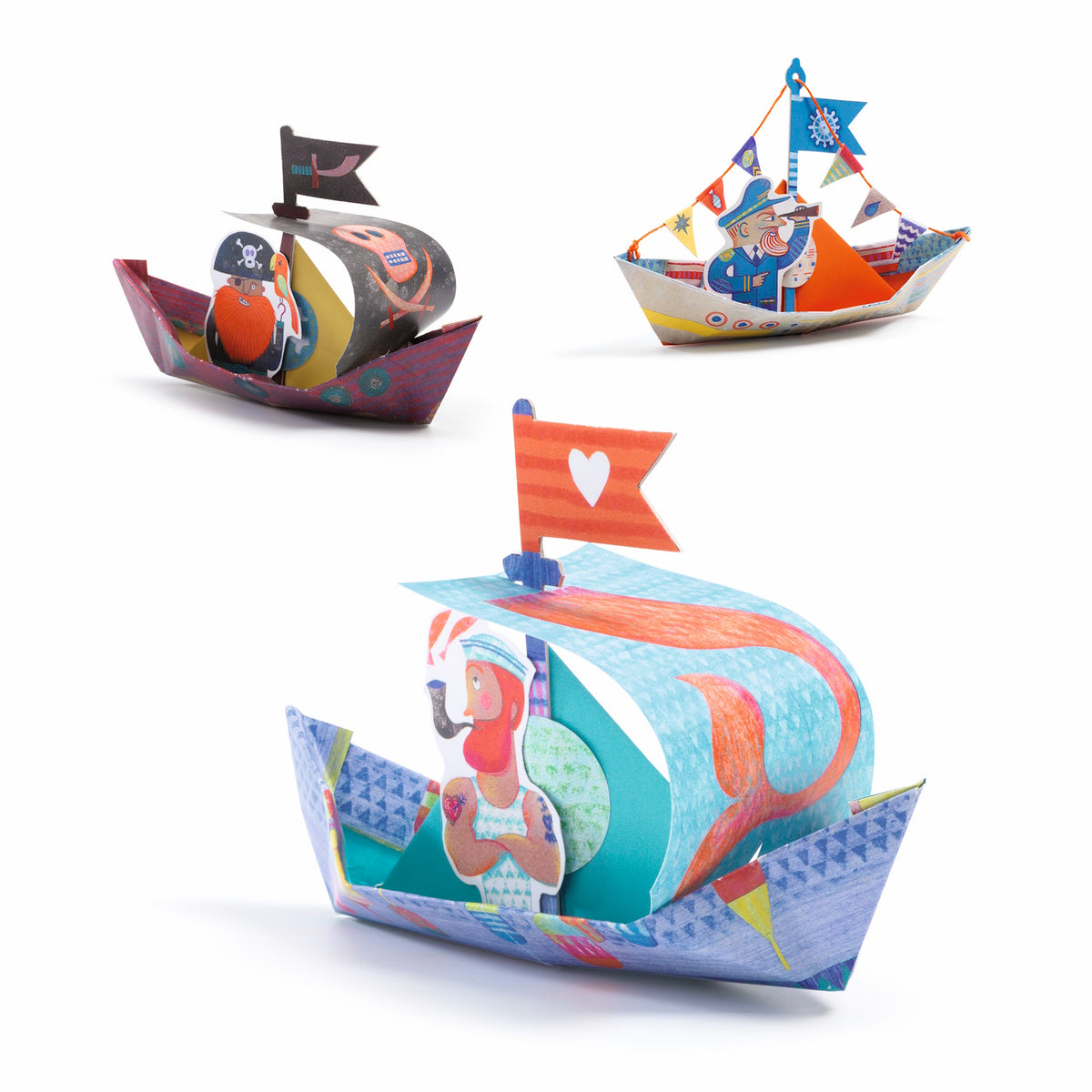 With brightly colored, coated paper boats designed to float on water after folding.